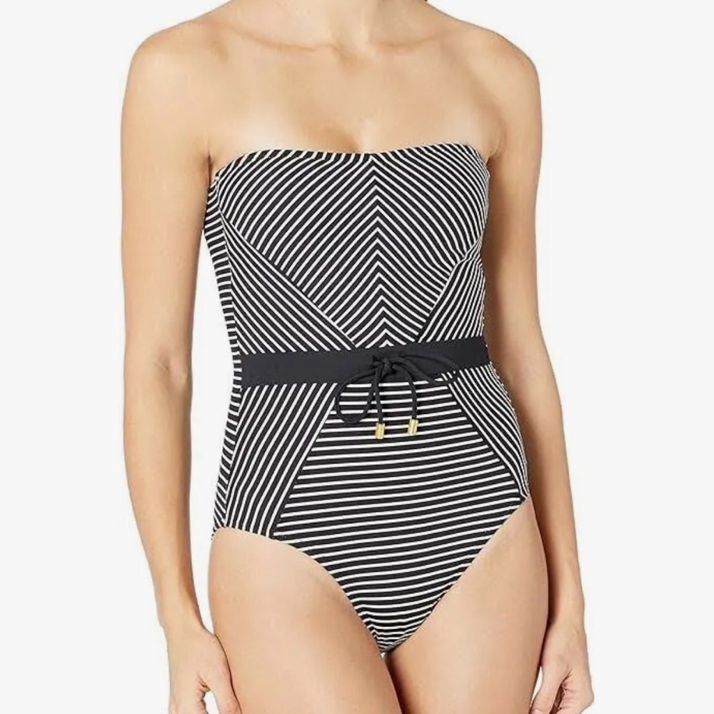 La Blanca Black White Striped Bandeau One Piece Swimsuit 16W - Removable Straps